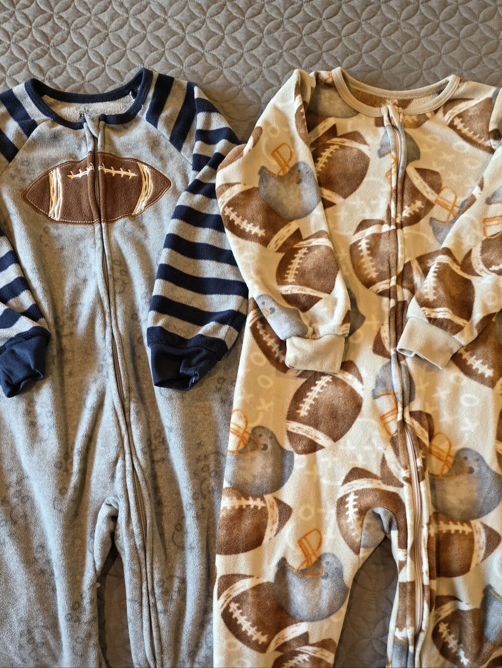 Toddler Football Themed Full Zip Up Footie Fleece Pajamas, 5T, Blue, Gray, Brown